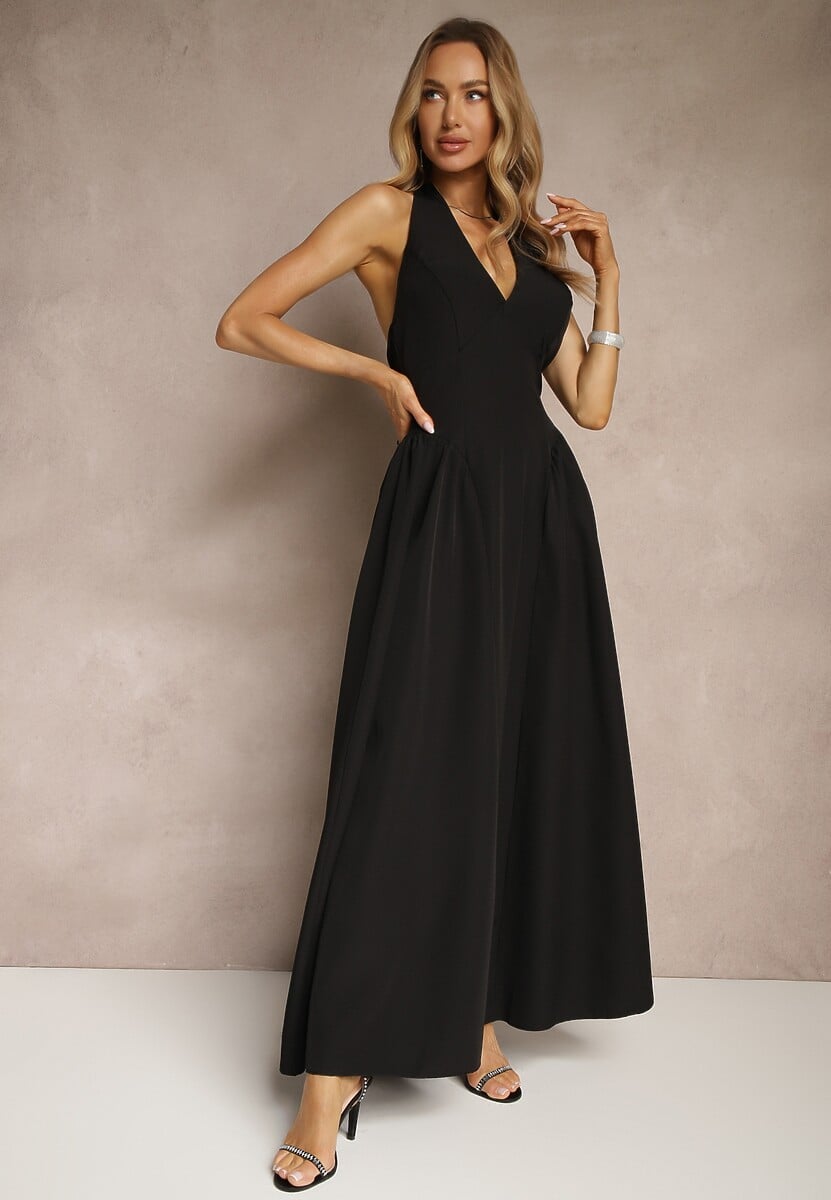 Czarna Rozkloszowana Sukienka Halter z Wiązaniem i Odkrytymi Plecami Senicce