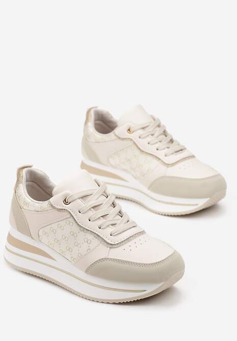 Beżowe Sneakersy z Brokatem na Grubej Podeszwie Hilena