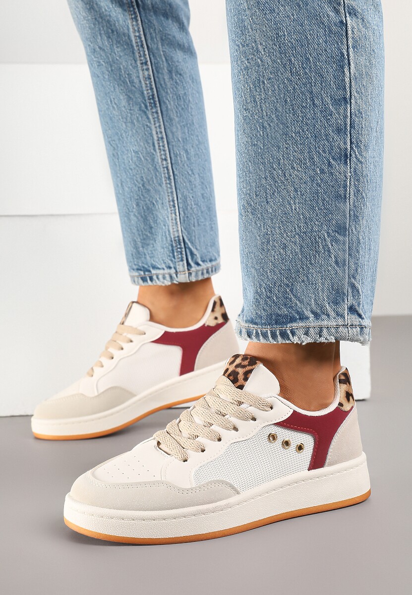 Beżowo-Bordowe Streetwearowe Sneakersy Zdobione Przeszyciami Neonisea