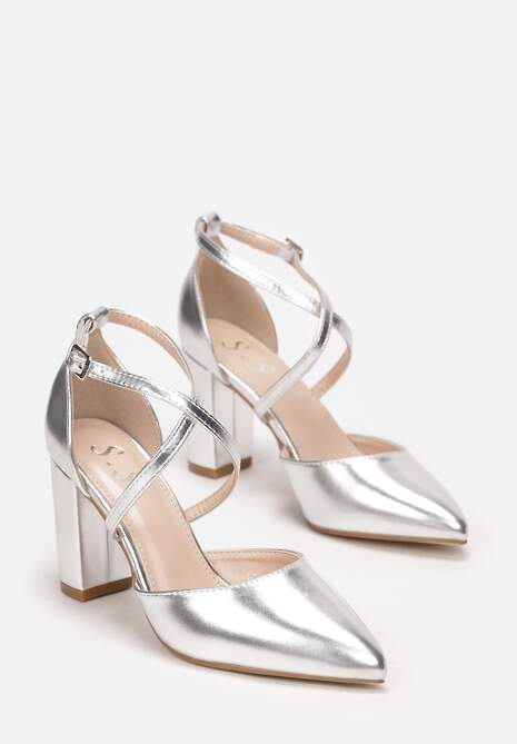 Srebrne Czółenka na Słupkowym Obcasie z Migdałowym Noskiem Aana