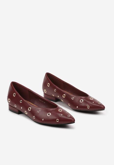 Bordowe Balerinki na Płaskiej Podeszwie Ozdobione Metalicznymi Kółeczkami Erisellea