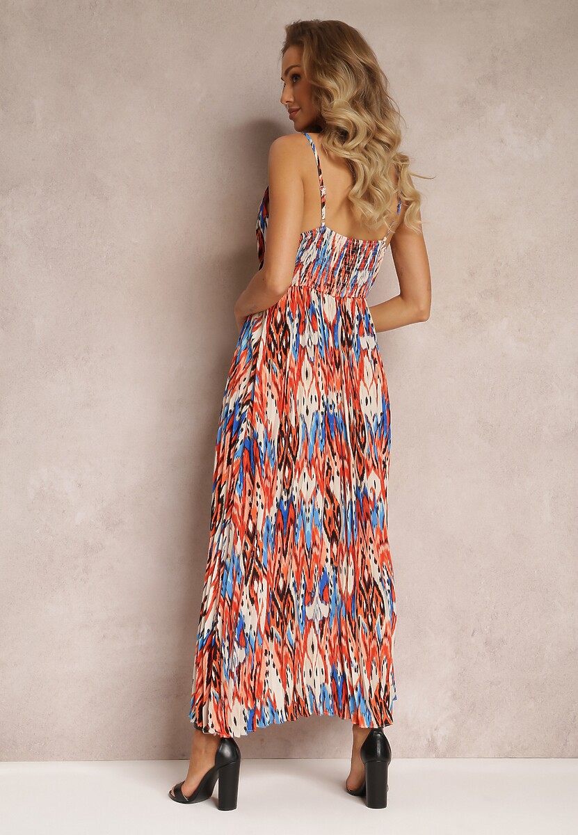 Czerwono-Niebieska Plisowana Sukienka Maxi z Gumką w Talii i Kopertowym Dekoltem Iralle