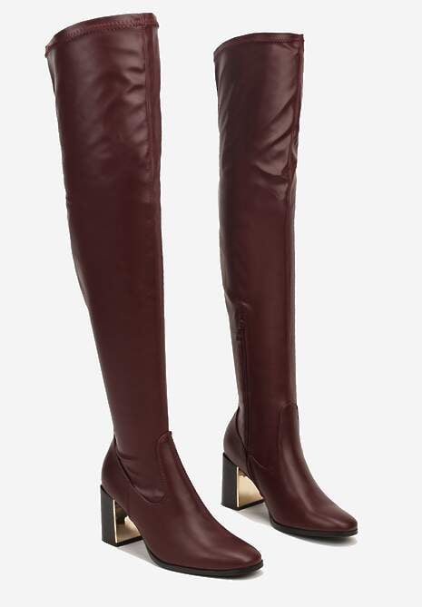 Bordowe Kozaki za Kolano na Słupku z Metaliczną Wstawką Vioeln