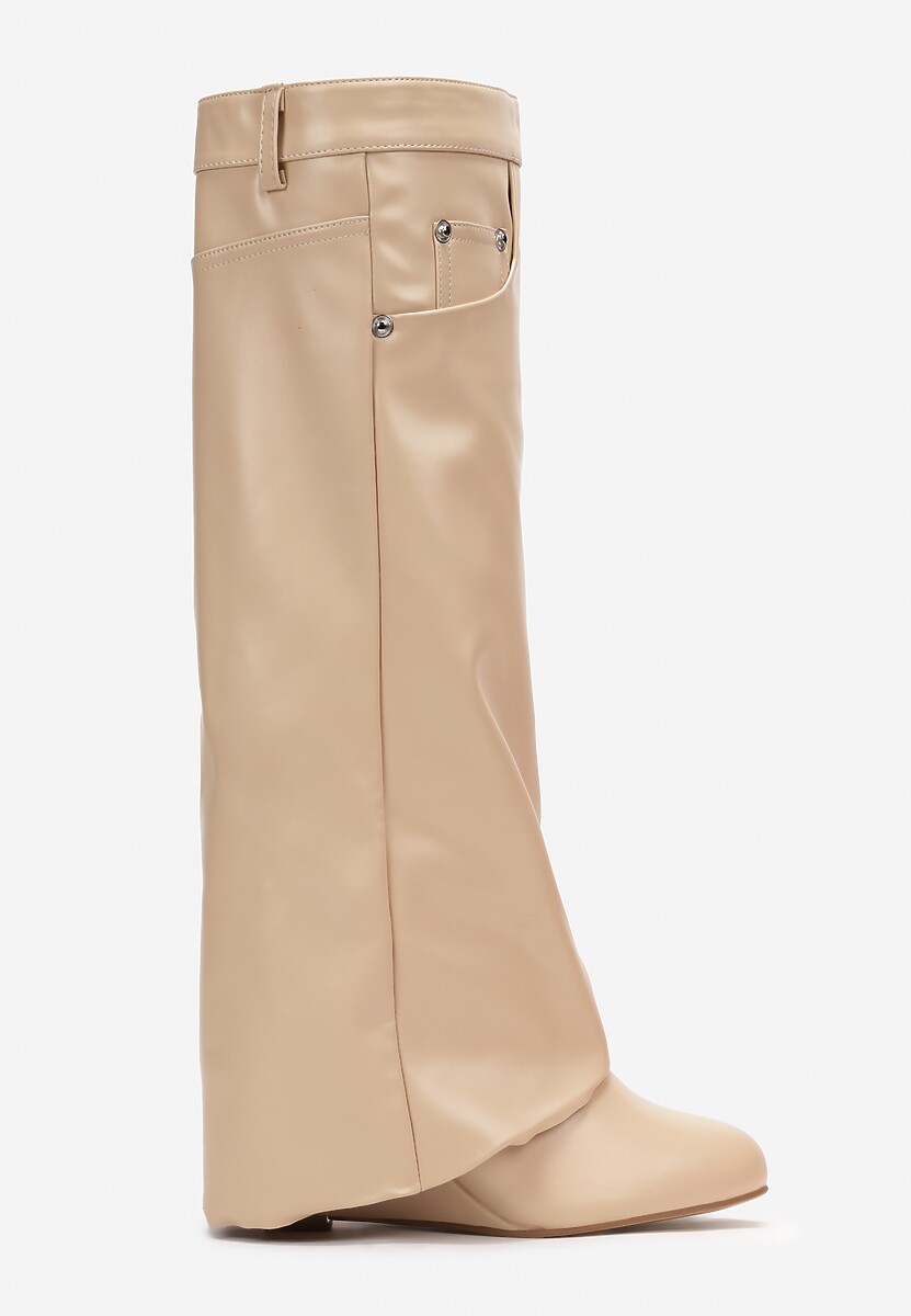 Beżowe Kozaki z Wywiniętą Cholewką na Koturnie Maranele