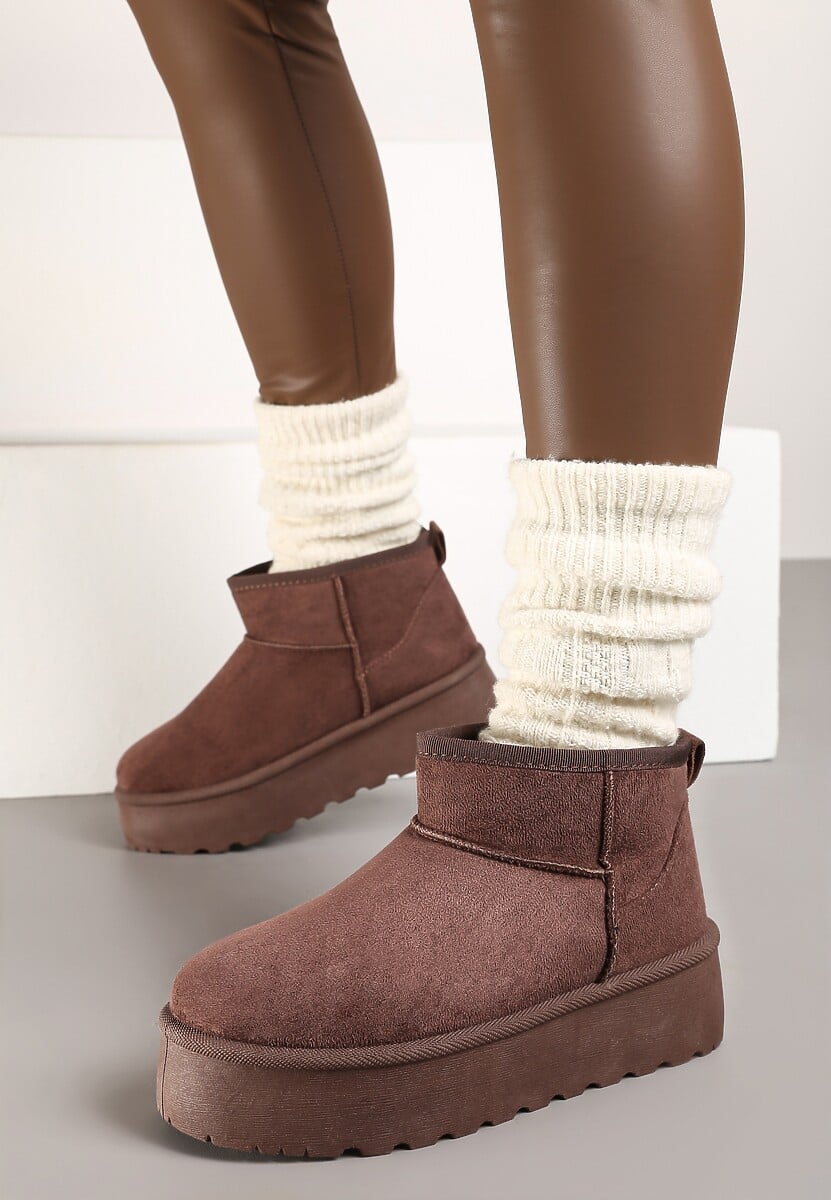 Brązowe Śniegowce z Imitacji Zamszu na Platformie z Niską Cholewką Reanirae