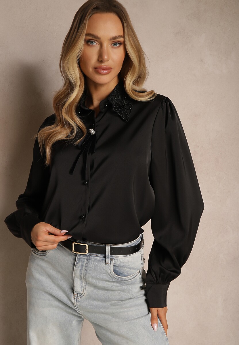 Bordowa Koszula z Bufiastymi Rękawami Kołnierzem z Perłami i Broszką Gonathiel