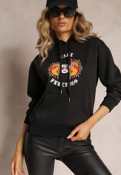 Czarna Bluza Kangurka z Nadrukiem i Kapturem Uvella