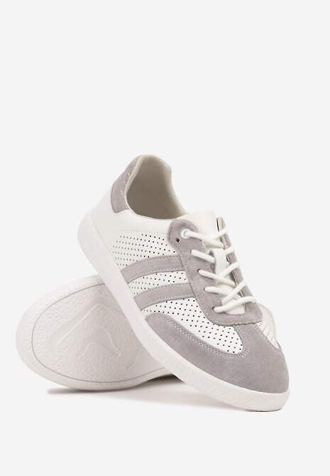 Szaro-Białe Sznurowane Skórzane Sneakersy na Płaskiej Podeszwie z Paskami i Perforacją Enelis