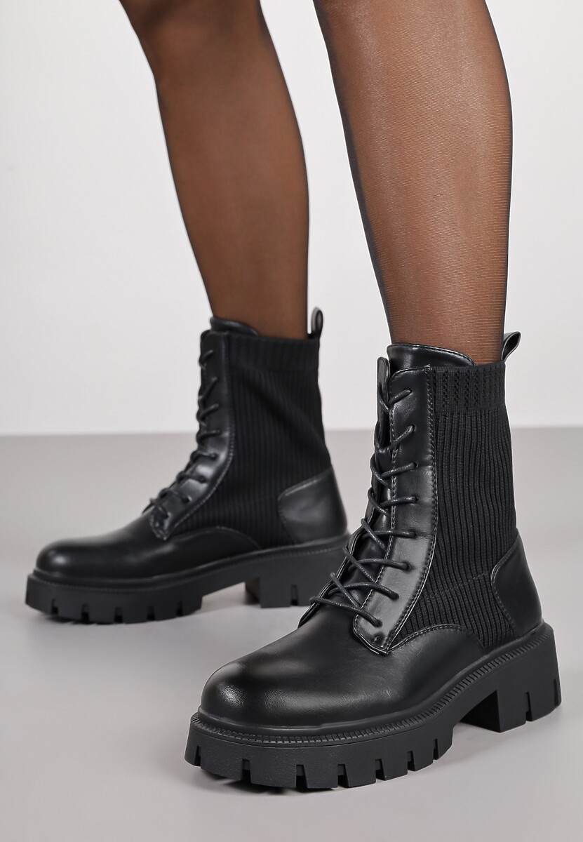 Czarne Botki Workery Ozdobione Skarpetową Cholewką Apolii