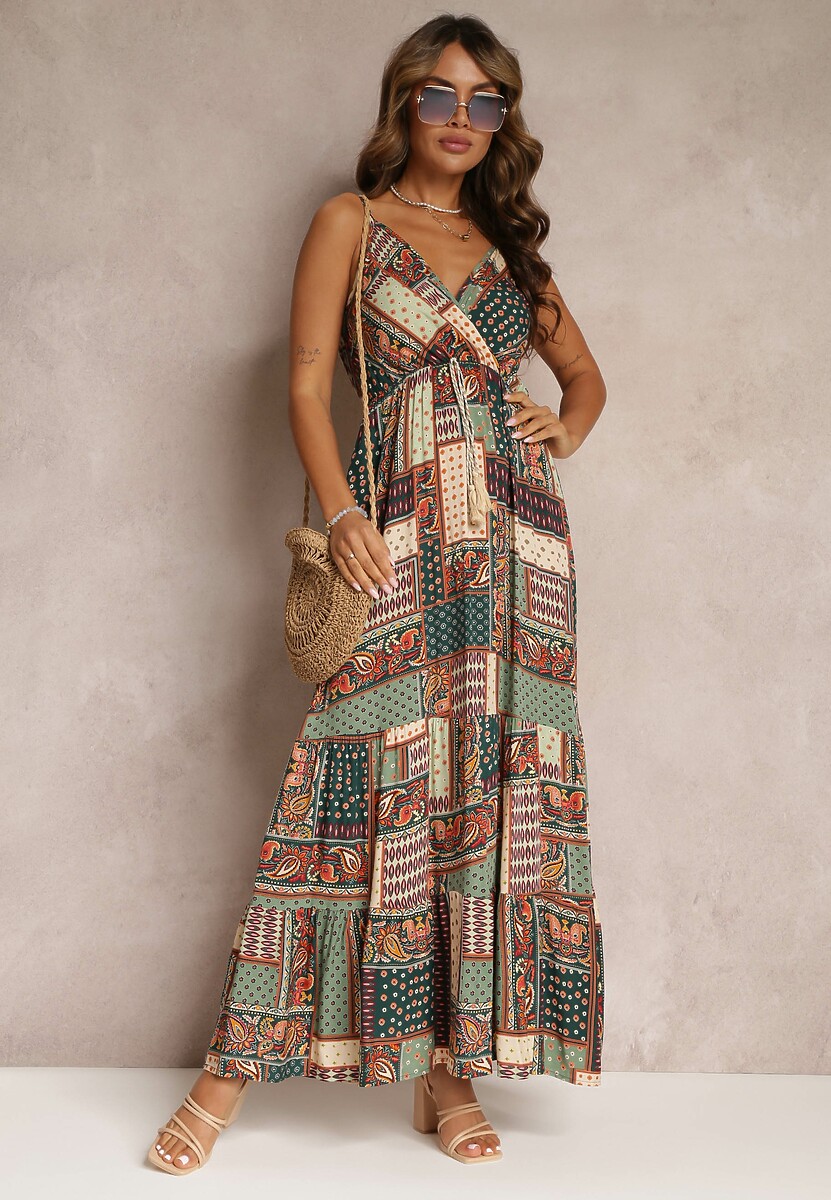 Zielona Wiskozowa Sukienka o Kopertowym Kroju w Print Patchwork Grehan