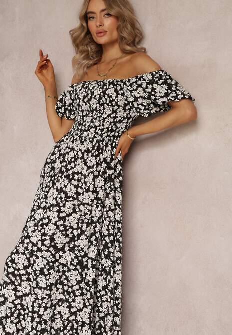 Czarna Trapezowa Sukienka Bawełniana w Kwiaty Cresenia