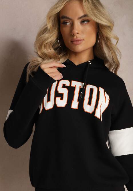 Czarna Bawełniana Bluza z Kapturem w Amerykańskim Stylu z Napisem i Polarem Iocaste