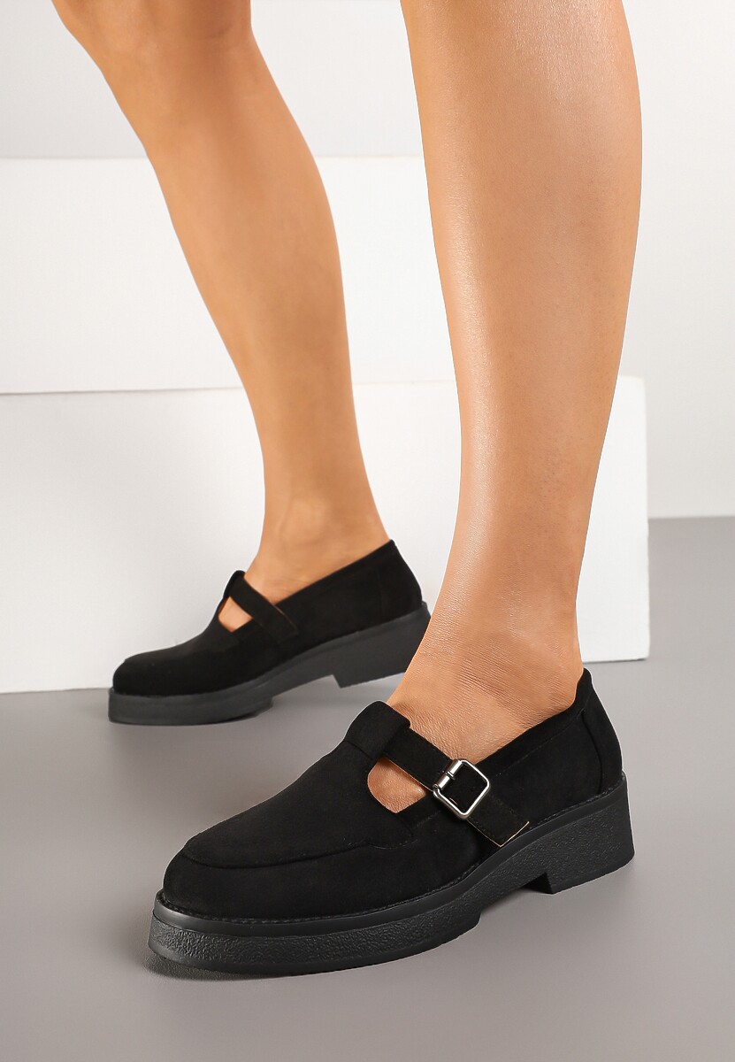 Czarne Mokasyny na Płaskiej Podeszwie Wykończone Paskiem ze Sprzączką Rexinda