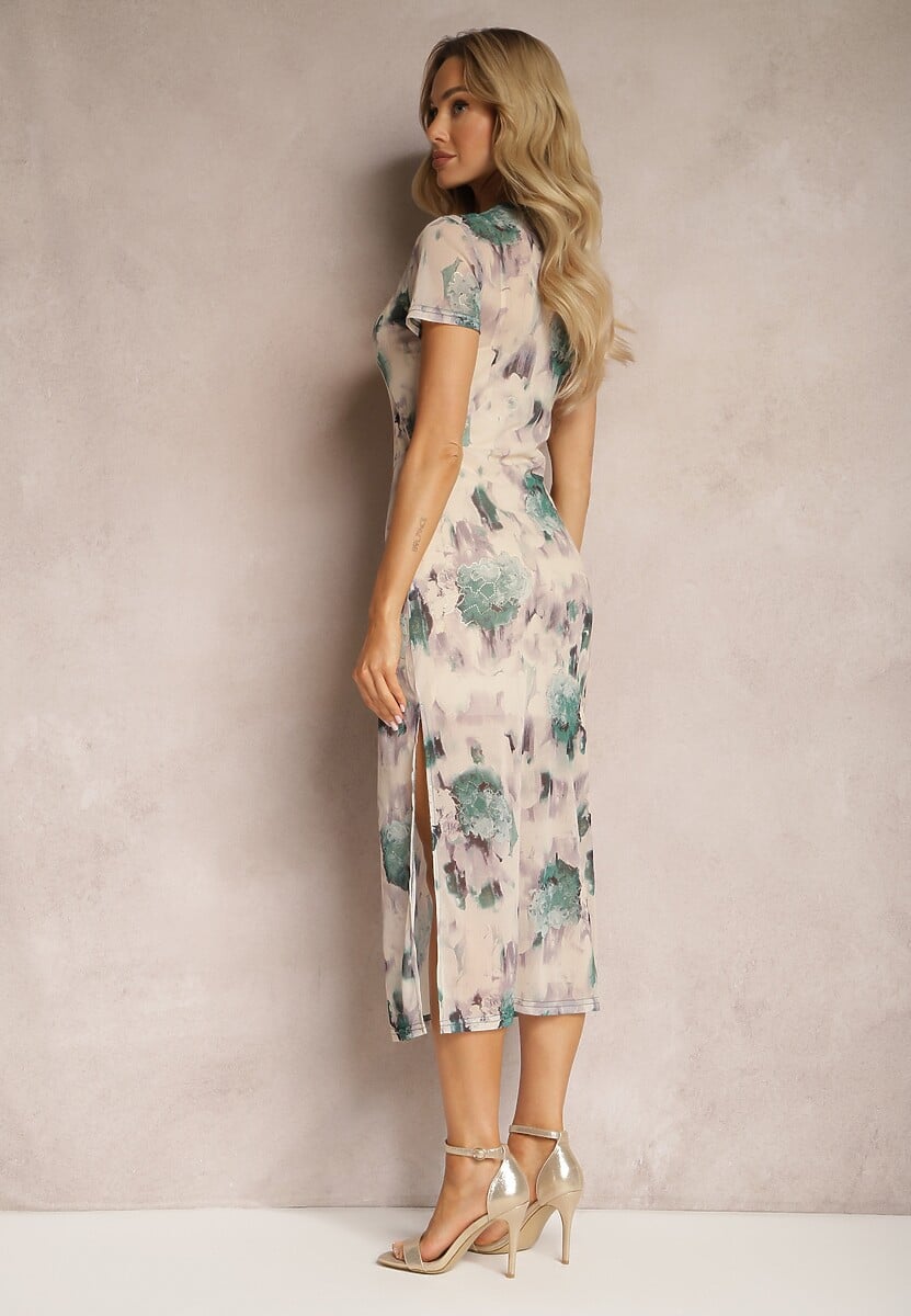 Beżowo-Zielona Dopasowana Sukienka z Przezroczystego Materiału Sacoma