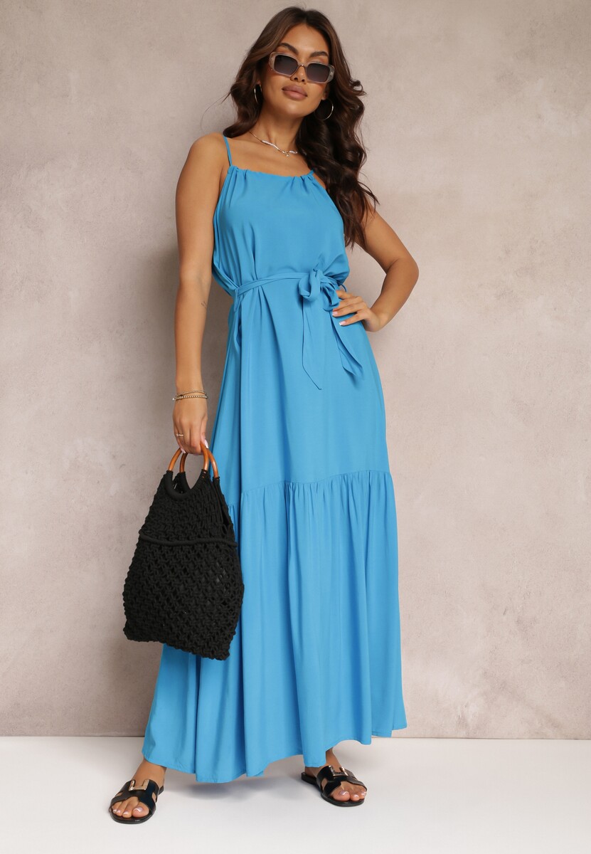 Niebieska Rozkloszowana Sukienka na Ramiączkach z Wiązanym Paskiem Diadite