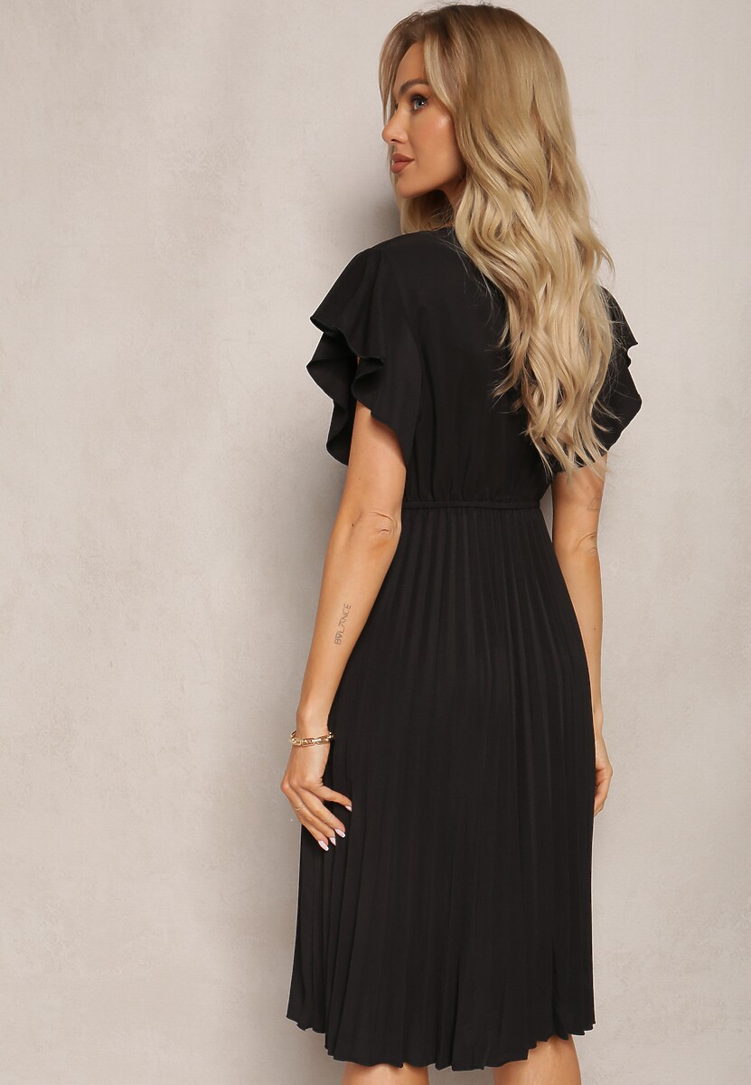 Czarna Rozkloszowana Sukienka Midi z Plisami na Dole Nairata