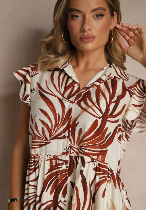 Brązowa Sukienka z Bawełną Lnem i Wiskozą w Liście Lilestia