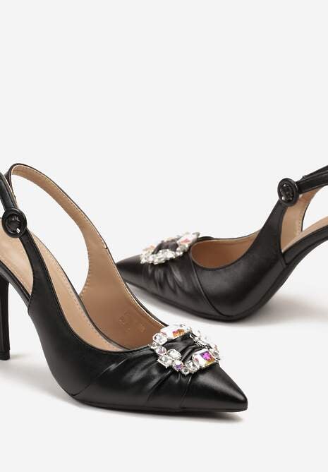 Czarne Sandały na Szpilce z Odkrytą Piętą Marszczeniem i Cyrkoniami Bendrea