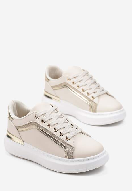 Beżowe Sneakersy na Grubej Podeszwie z Brokatem Veneli