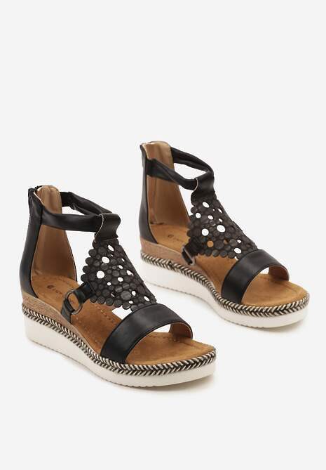 Czarne Sandały na Koturnie z Ekoskóry Zapinane na Suwak Obissa