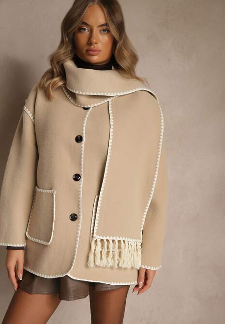 Beżowa Kurtka Oversize z Szalikiem i Ozdobnymi Przeszyciami Claritila