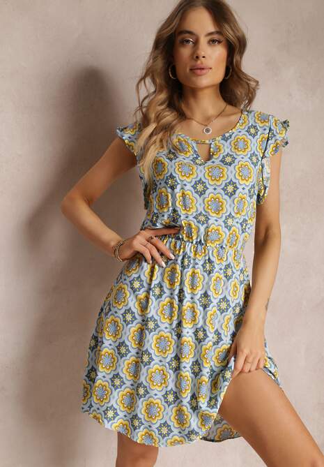 Niebiesko-Żółta Bawełniana Sukienka Mini w Mozaikowy Wzór z Gumką w Talii Fiyona