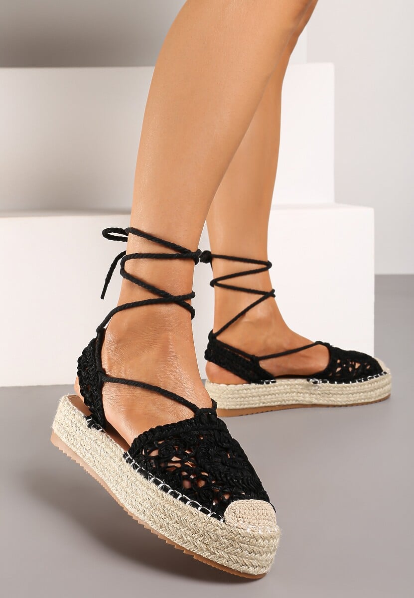 Beżowe Wiązane Espadryle Ażurowe na Plecionej Podeszwie Talea