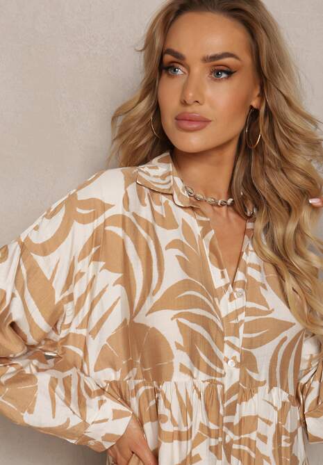 Beżowa Rozkloszowana Sukienka w Kroju Szmizjerki z Zapięciem na Guziki i Falbanką Kelloena