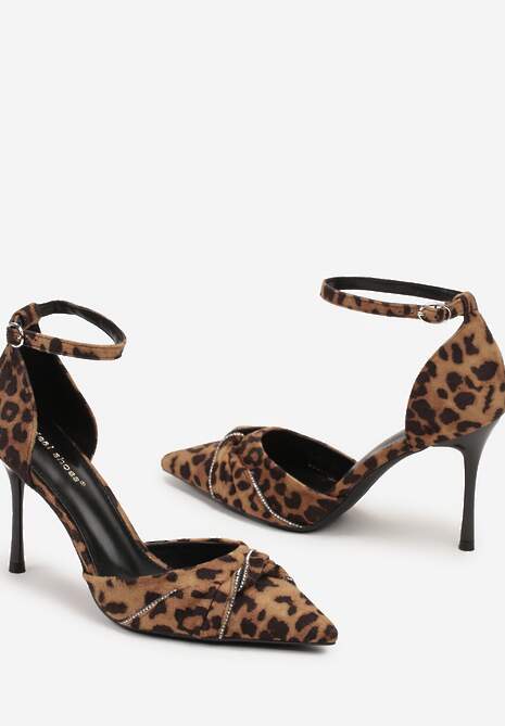 Brązowe Szpilki w Panterkę ze Szpiczastym Noskiem Zdobionym Marszczeniem Zapinane na Klamerkę Zivinita