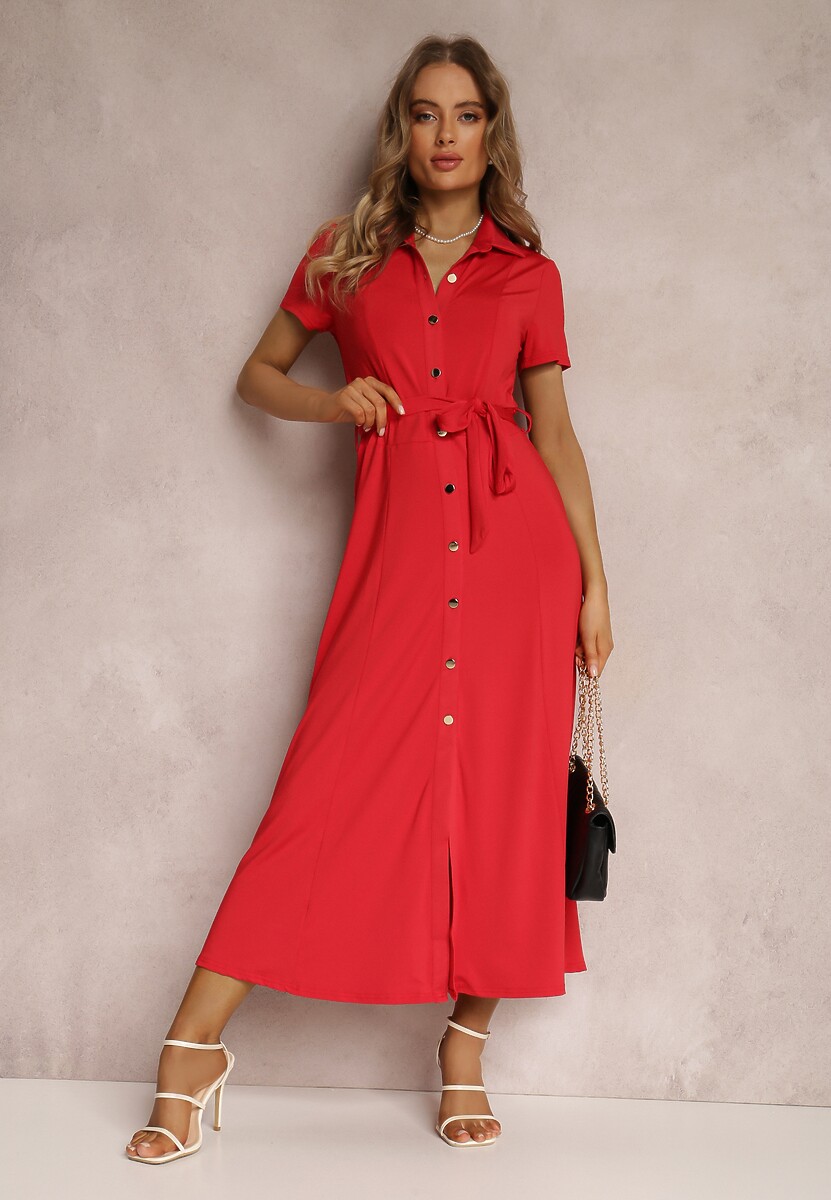 Czerwona Sukienka Koszulowa z Wiązanym Paskiem Asheila