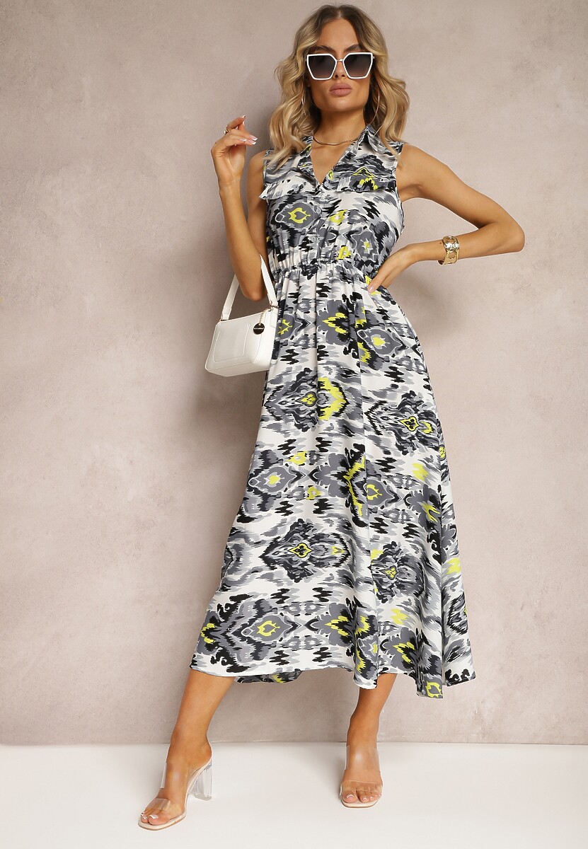 Szara Rozkloszowana Sukienka z Ozdobnymi Naszyciami na Dekolcie w Abstrakcyjni Print Flubia