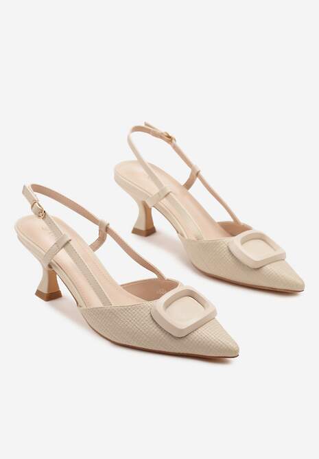 Beżowe Sandały Tweedowe na Kaczuszce Slingback Ozdobione Aplikacją Rosaviela