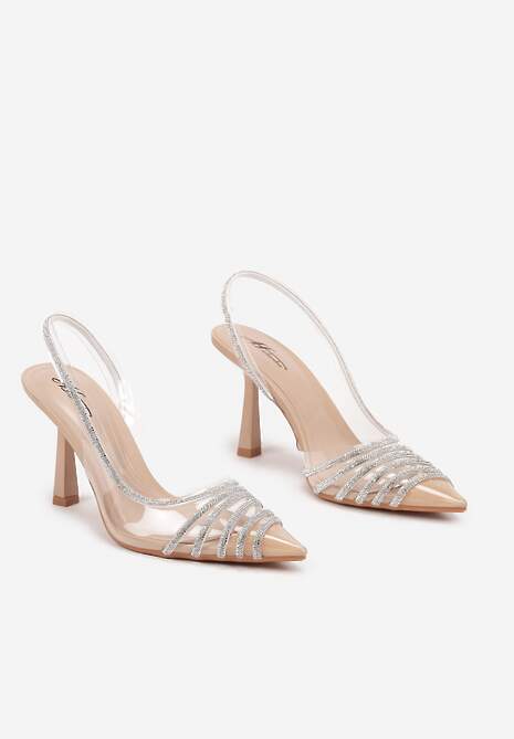 Beżowe Transparentne Sandały na Obcasie ze Szpiczastym Noskiem i Cyrkoniami Felissin