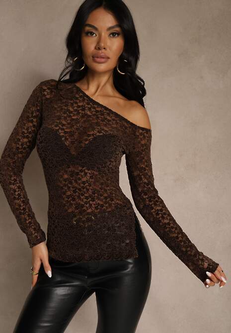 Brązowa Bluzka Longsleeve z Koronki z Asymetrycznym Dekoltem Liwedisa