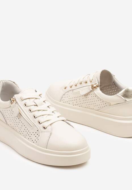 Beżowe Sneakersy ze Skóry Naturalnej ze Skórzaną Wkładką i Perforacją Falothra