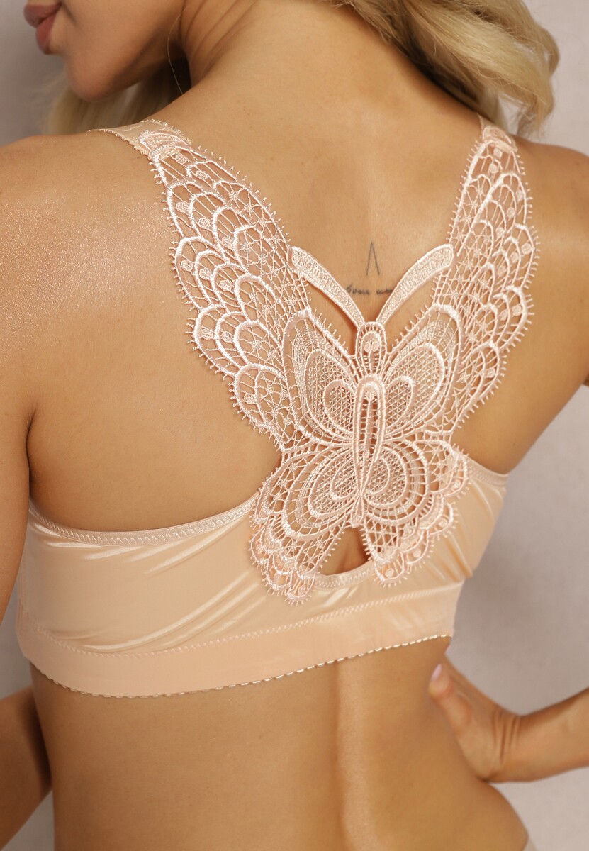 Beżowy Biustonosz z Ozdobną Koronką na Plecach i Zapięciem z Cyrkoniami Ferna