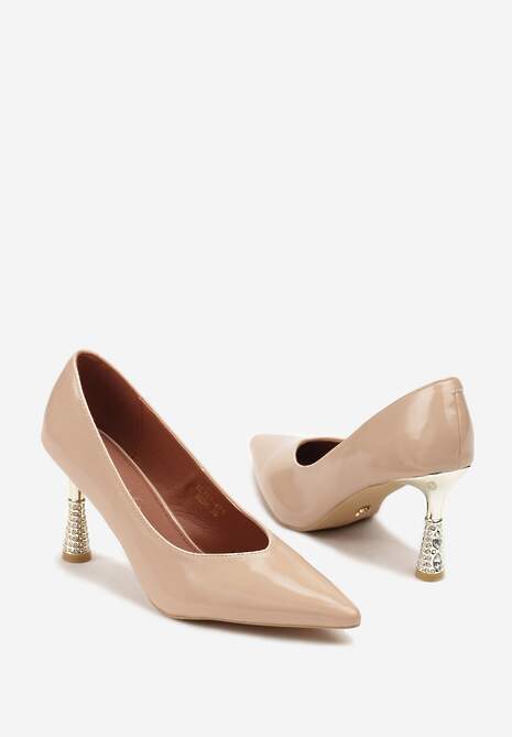 Ciemnobeżowe Lakierowane Szpilki Vices z Wkładką ze Skóry Naturalnej Zdobione Cyrkoniami Gioriana