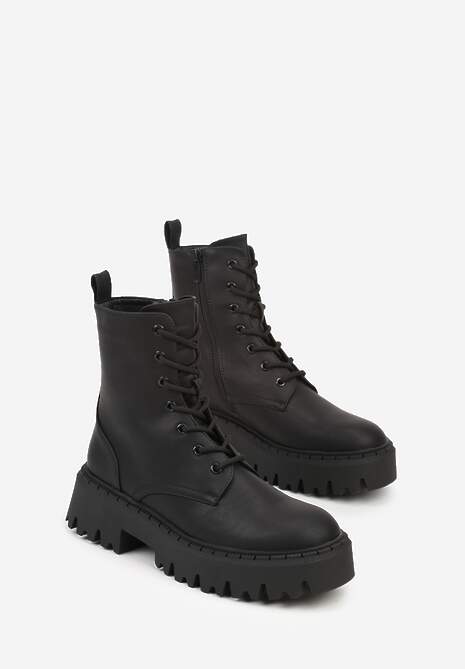 Czarne Sznurowane Botki na Platformie w Stylu Workerów Sairene