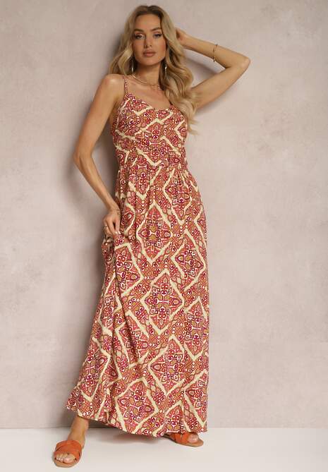 Beżowo-Pomarańczowa Sukienka z Wiskozy na Cienkich Regulowanych Ramiączkach z Gumkami w Talii Estilla