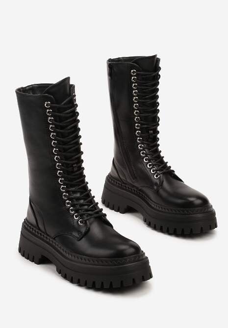 Czarne Botki Typu Traperki na Grubej Podeszwie z Ozdobnym Łańcuszkiem Elonika