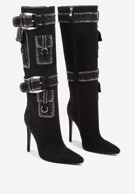 Czarne Kozaki na Obcasie Ozdobione Klamrami Kieszonkami i Cyrkoniami Ansirea