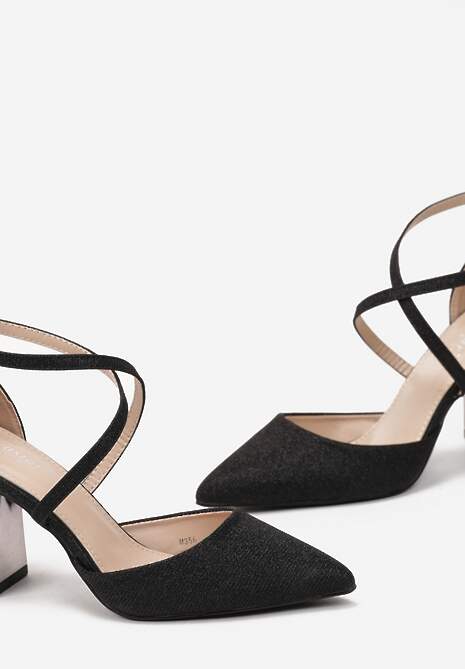 Czarne Czółenka na Słupku z Brokatem i Paskami Christin