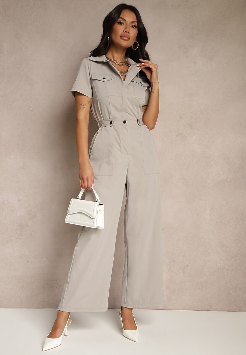 Szary Kombinezon Wide Leg z Kołnierzykiem Suwakiem i Krótkim Rękawem Jenaralitia