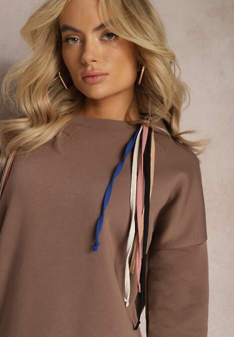 Brązowa Bawełniana Bluza z Sznurkami i Kapturem Tyche