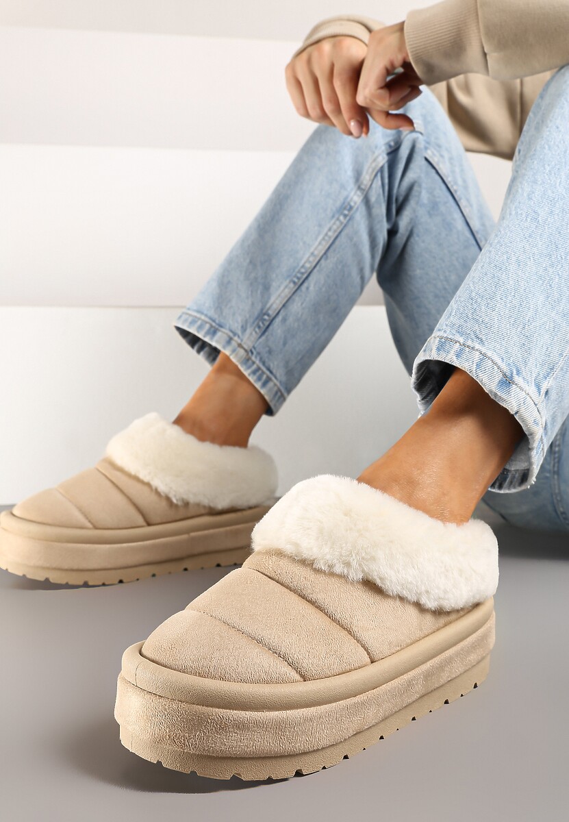 Beżowe Niskie Śniegowce Ekozamszowe na Platformie z Pikowaniem i Futerkiem Realira