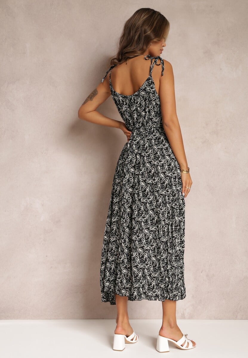 Czarna Sukienka Maxi Wiązana na Ramionach z Rozkloszowanym Dołem Matiltta