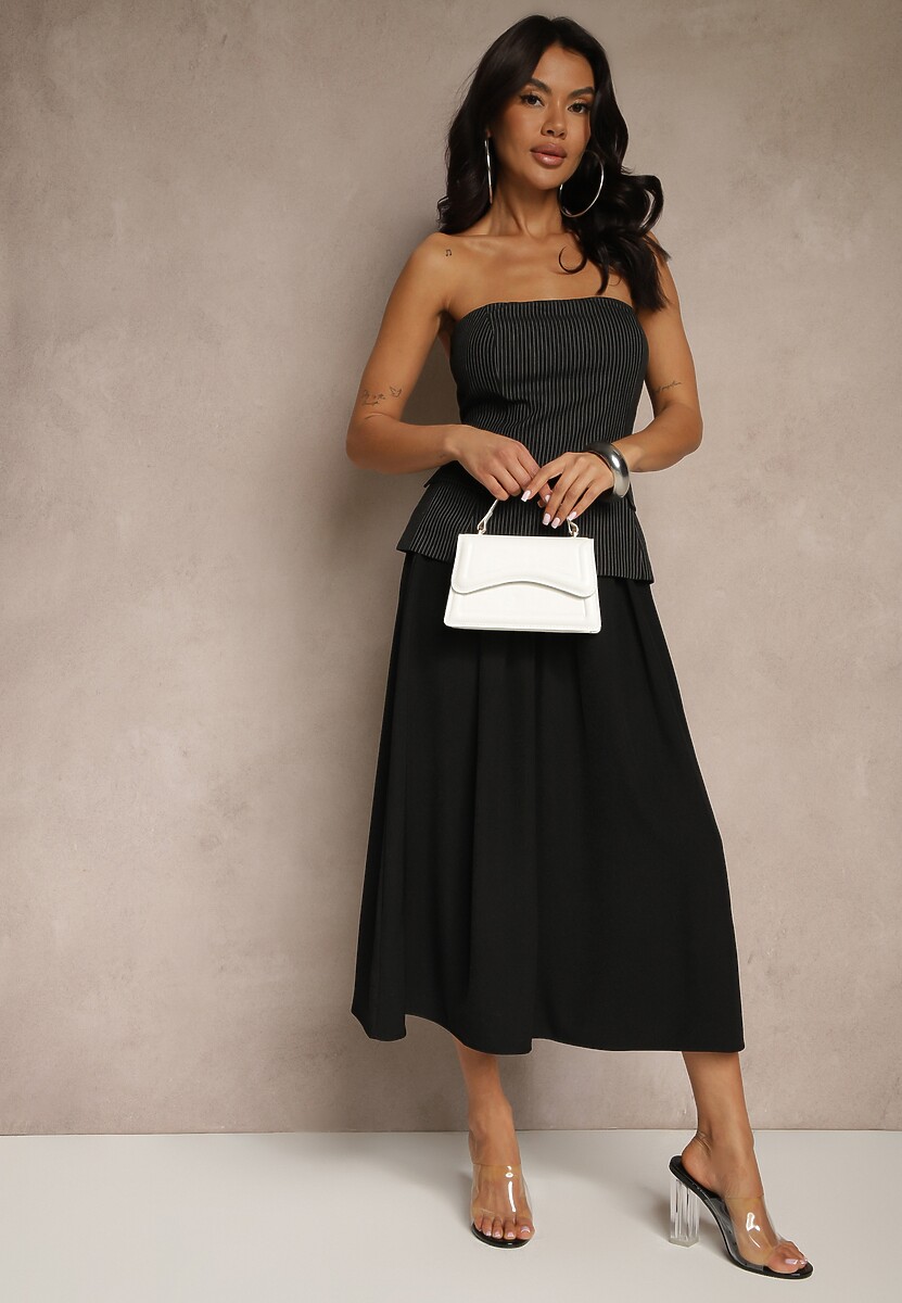 Czarna Spódnica z Wiskozą High Waist o Rozkloszowanym Kroju Toselle