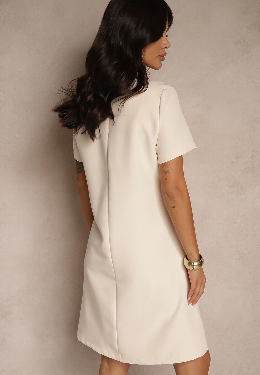 Jasnoróżowa Trapezowa Sukienka Mini z Krótkim Rękawem i Kieszeniami Vrea