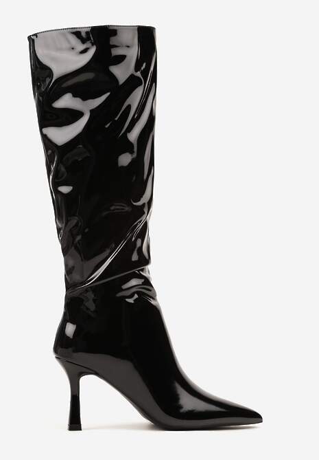 Czarne Kozaki na Szpilce ze Szpiczastym Noskiem i Lakierowanym Połyskiem Nalireia