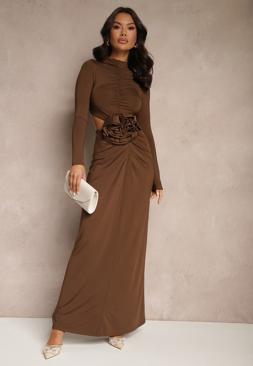 Bordowa Koktajlowa Sukienka z Wiskozą Ozdobiona Kwiatem 3D i Wycięciami Hannith